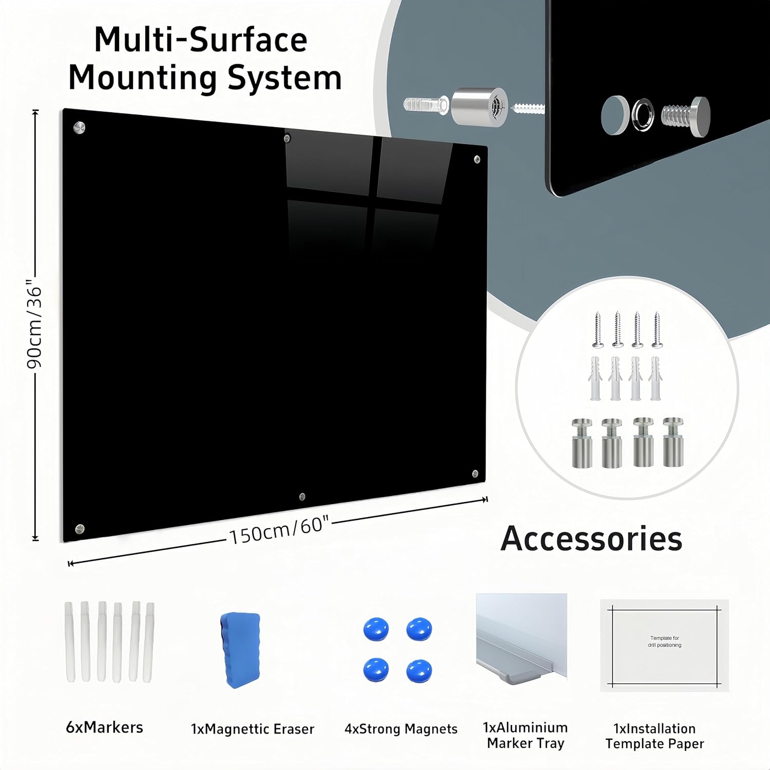 Premium 36" x 60" Black Magnetic Glass Dry Erase Board - Frameless Tempered Glass Whiteboard, Wall Mounted, Includes 6 Markers - Perfect for Office, Home, School