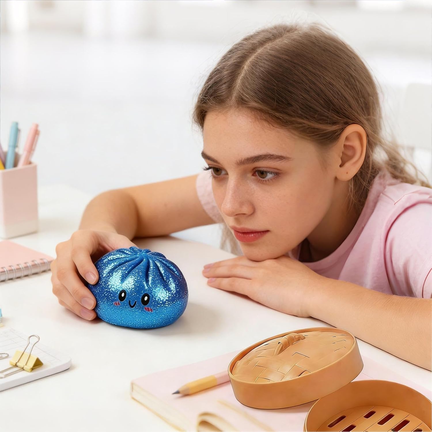 Soft Glitter Dumpling Toy, Dumpling Squishy Glitter, Funny Toy Stress Relief Bao Bun with Steamer, Soft Stress Ball Ravioli Squeeze Toys, for Children Adults