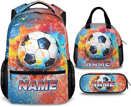 Kids Backpacks for Boys Girls 6-8, Personalized Set of 3 Soccer Backpack for Students Children 6-8, Large Capacity Bookbag with Lunchbox and Pencil Case Supplies for Primary Elementary