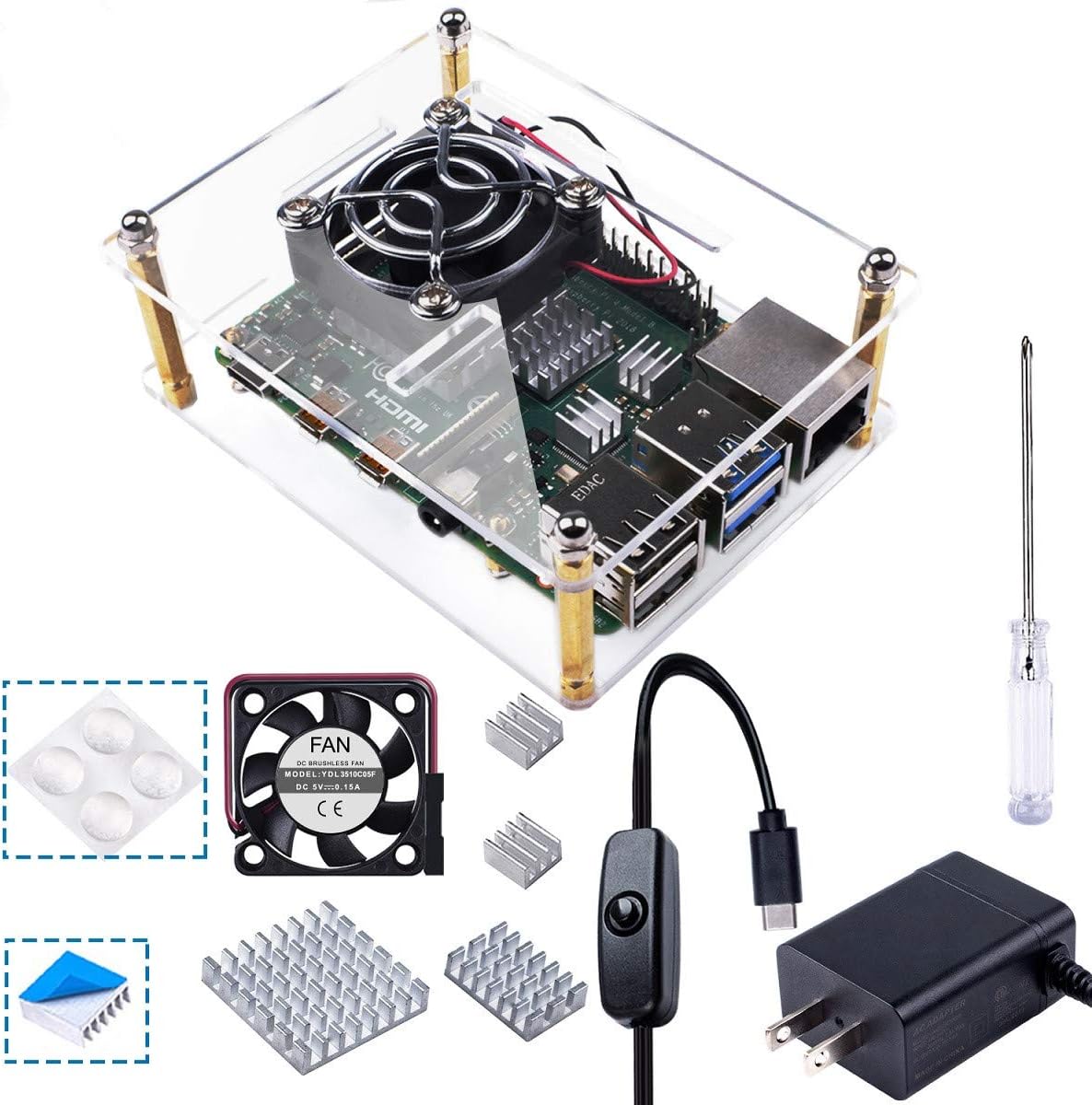 Smraza Case for Raspberry Pi 4, Acrylic Case with Cooling Fan, Heatsinks Compatible with Raspberry Pi 4 Model B, for Raspberry pi 3 B+/ 3B/ 2B Clear (Big Fan(35mm) with Power Supply)