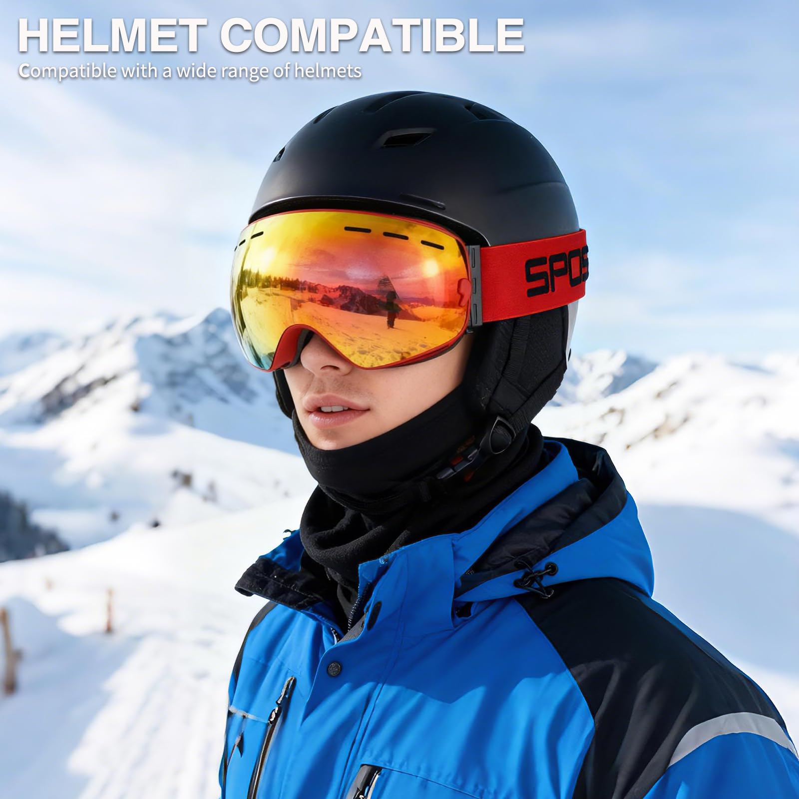 SPOSUNE Lunettes de Ski OTG Compatible Casque & Lunettes de Vue | Double Lentille Anti-Buée, Coupe - vent, anti - poussière, anti - UV, conception OTG, Compatible Casque & Lunettes de Vue