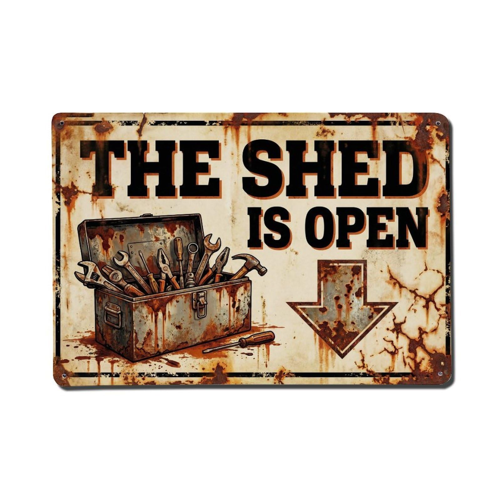 Workshop Tools Shed Open Repair Service Welcome Tinker Metal Tin Sign Plaque Wall Decor for Cafe, Man Cave, Club Bar, Office, Home Garden Round Metal Poster 8x12Inch