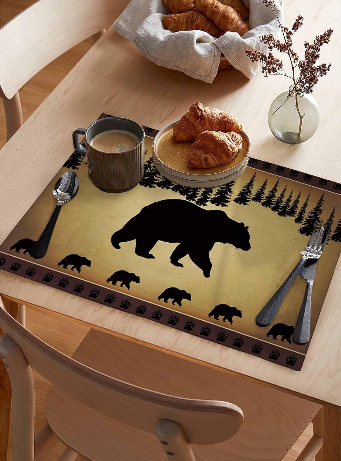 Seven Roses 12 x 18 Inches Set of 4 Cotton and Linen Place mat, Black Bear Forest Silhouettes Stain Resistant Non-Slip Table Mats for Kitchen Vintage Farm Backdrop