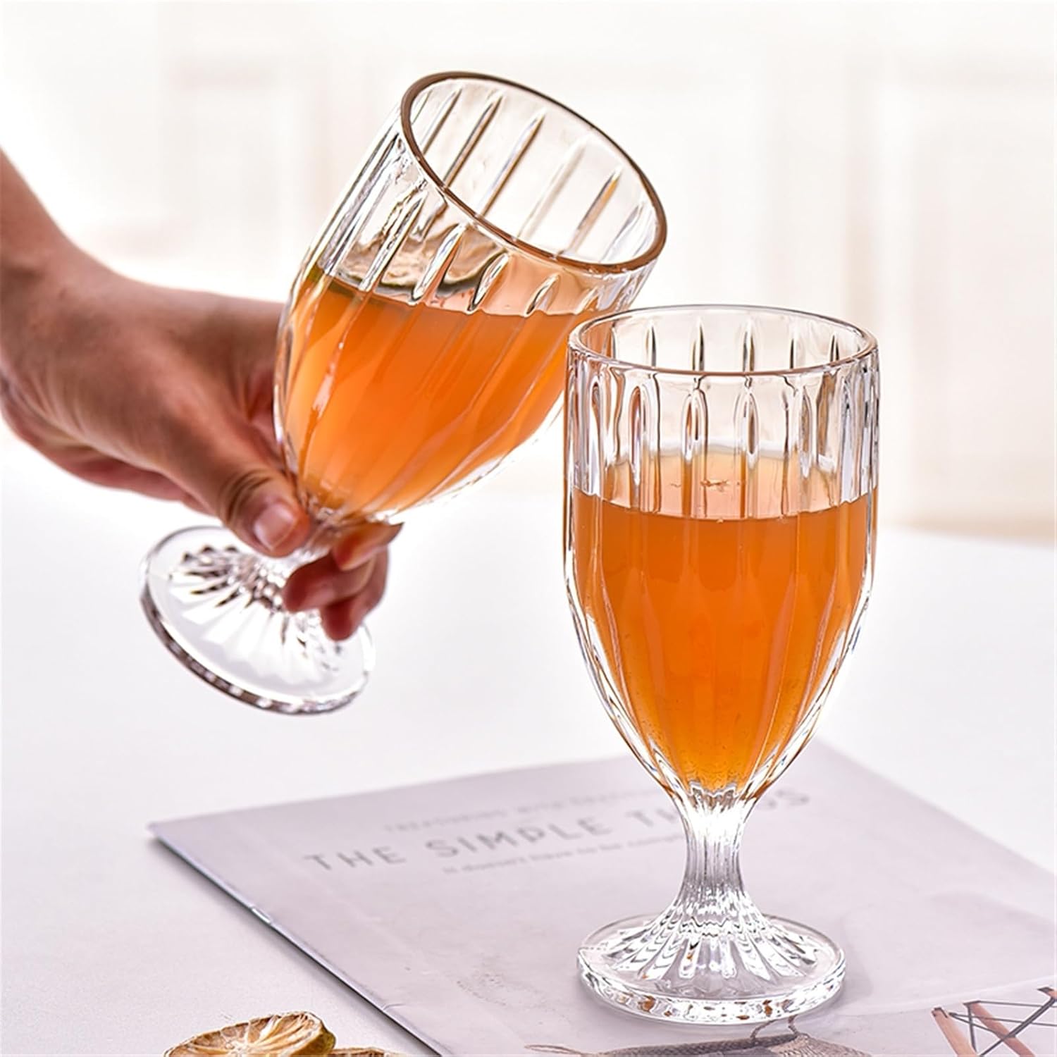 Glass Tea Cup Vertical Striped Glass Goblet, 11Oz Clear Embossed Stemmed Glasses for Juice Beverage Cocktail Wine Champagne Cappuccino Cups