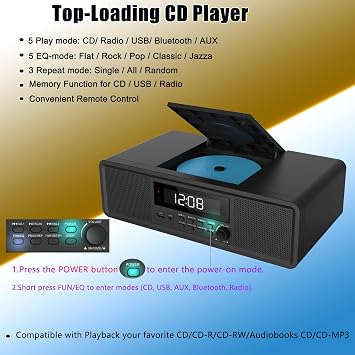 ALL-IN-ONE Compact Home CD Stereo System, Radio CD Player with Bluetooth, FM Radio, Digital Clock,Aux-in, USB-MP3 Playback, 20W Speakers Hifi System for Home (Black)
