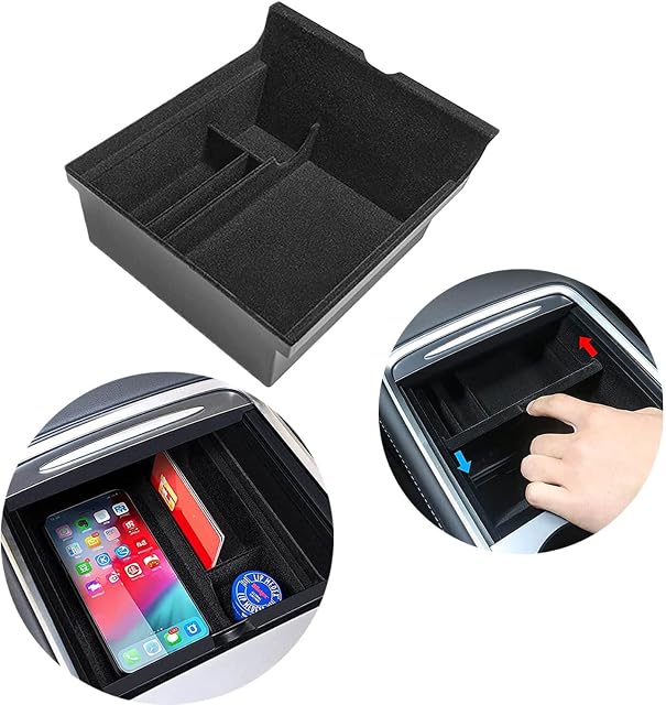 Tesla Model 3 Model Y 2021 2022 version Center Console Organizer Tray Interior Accessories Flocked Armrest Hidden Cubby Drawer Storage Box with Coin and Sunglass Holder