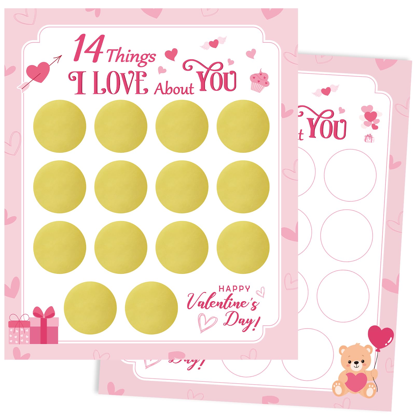 COCHIE DIY Valentine's Day 14 Things I Love About You Card for Husband Wife Boyfriend Girlfriend Her Him, 2 Sheets Personalized Valentines Scratch Off Cards Set, Date Night Game Gift Ideas (Pink)