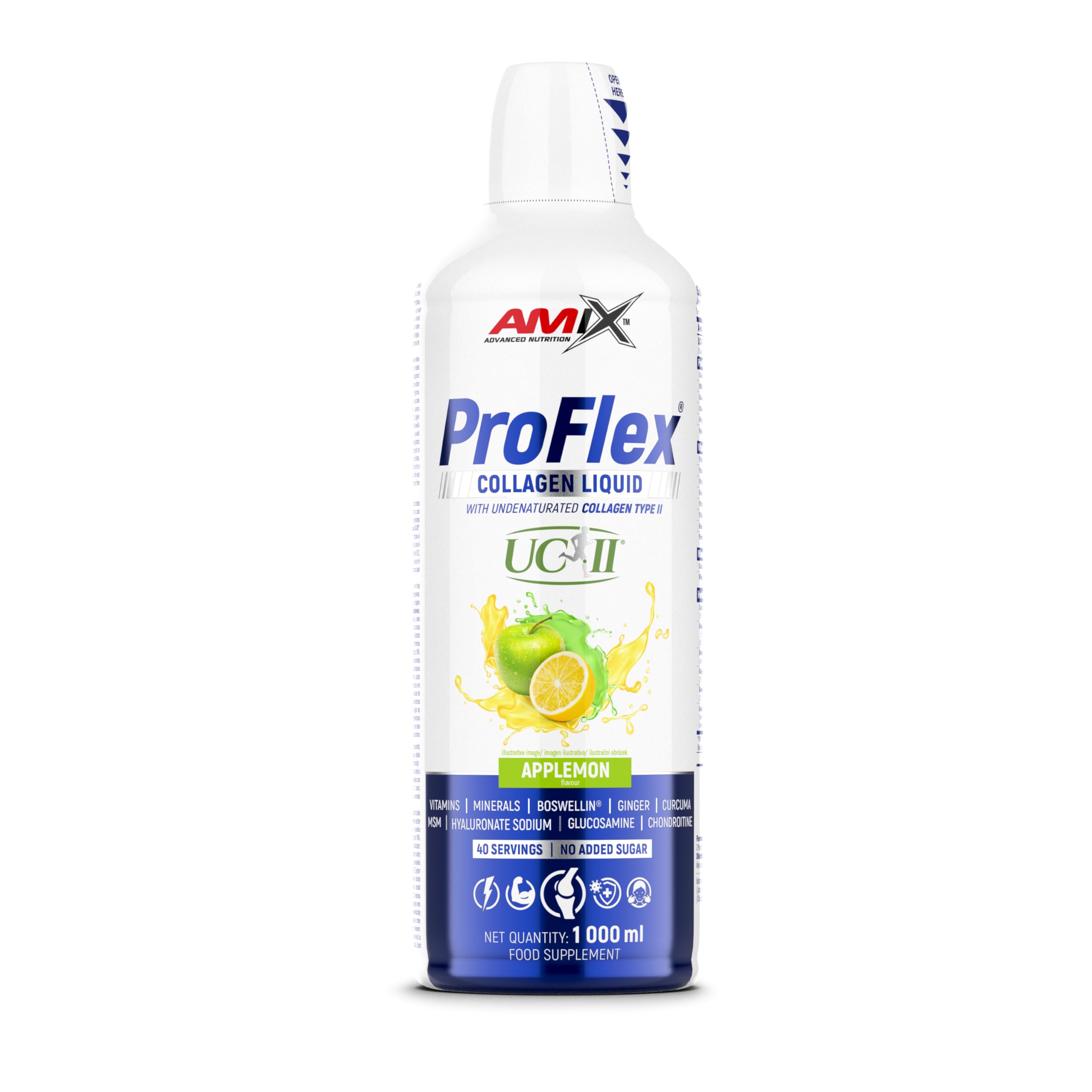 Amix™ ProFlex® Collagen Liquid 1000 ml – Concentrado líquido de colágeno con UC-II®, vitaminas, minerales y extractos vegetales, sabor manzana-limón, sin azúcares añadidos