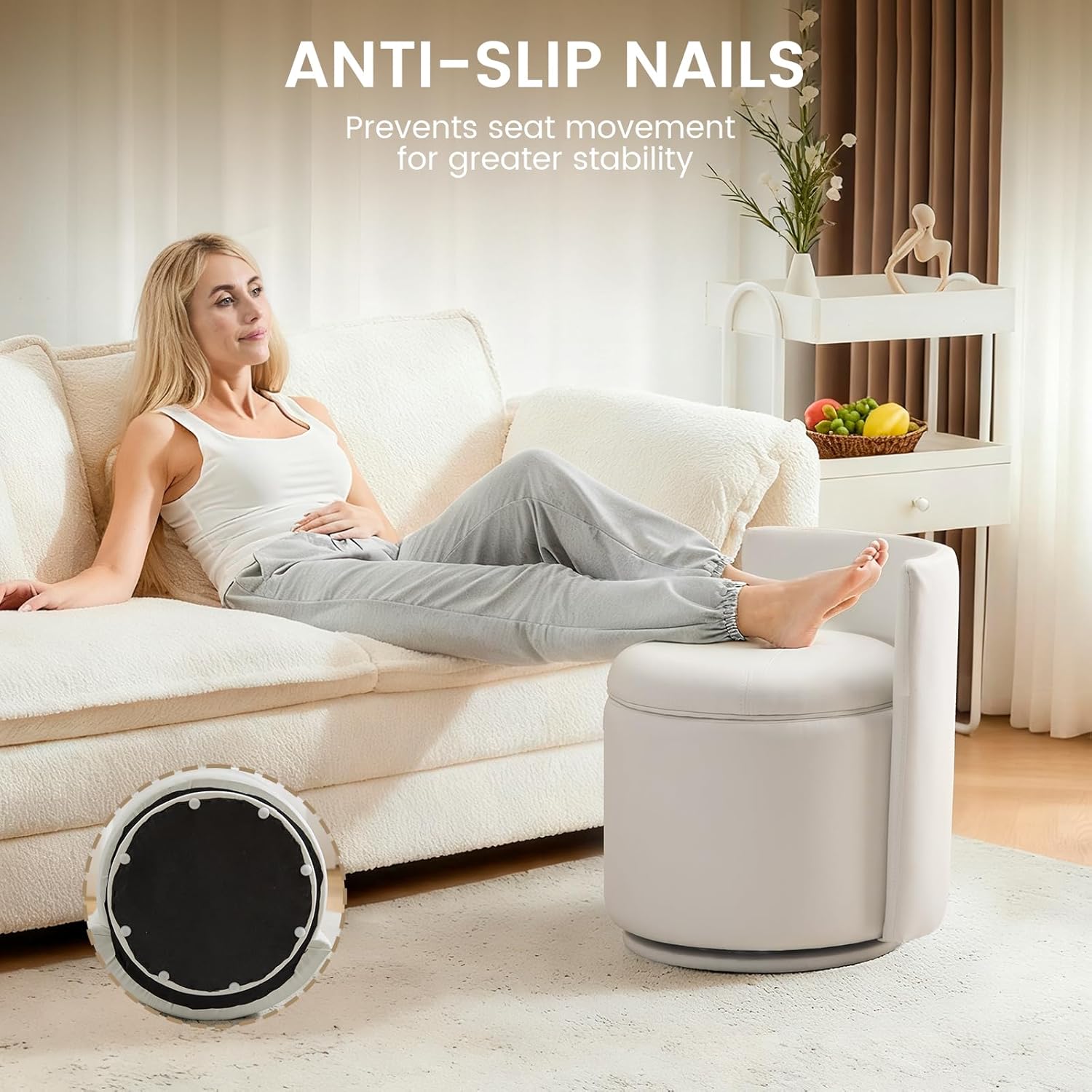 360° Swivel Vanity Chair with Storage, PU Leather Round Storage Ottoman with Pillows, No Assembly Modern Comfy Makeup Stool for Bedroom, Dressing, Living Room (White)