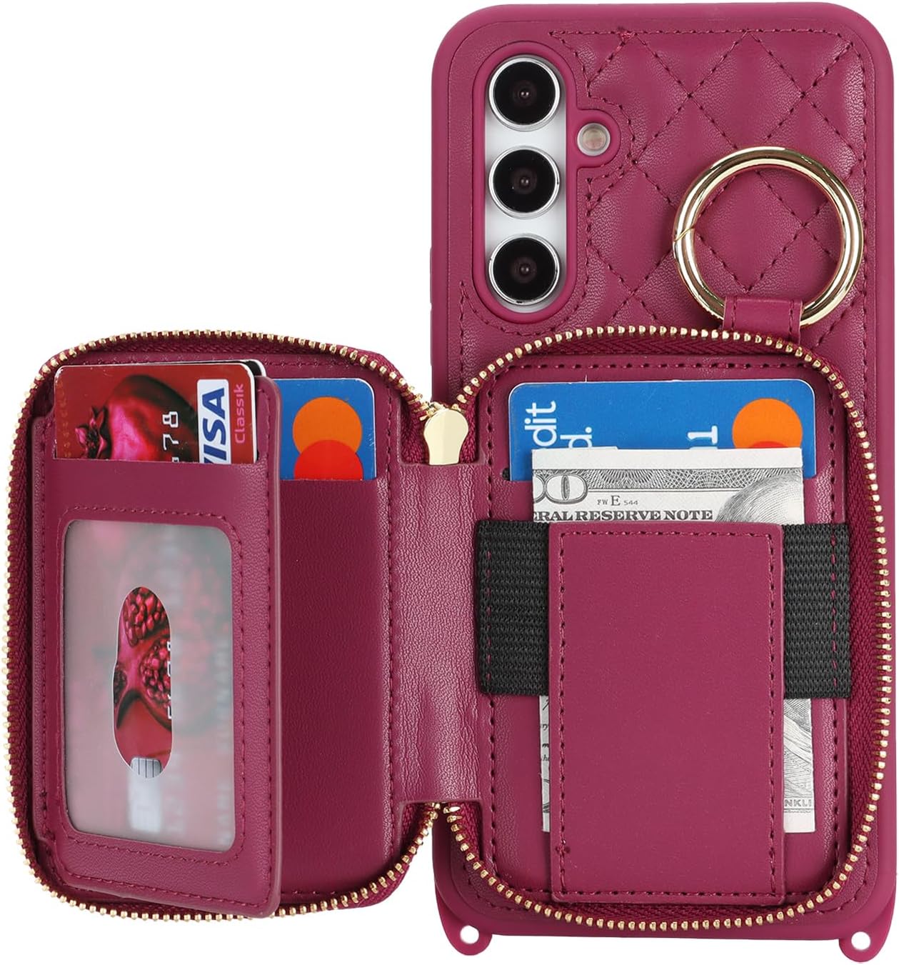 Crossbody Wallet Case for Galaxy A54 5G, PU Leather Zipper Handbag Purse Flip Cover, Kickstand Folio Case with Card Slots Holder Wrist Strap Lanyard -Dark red