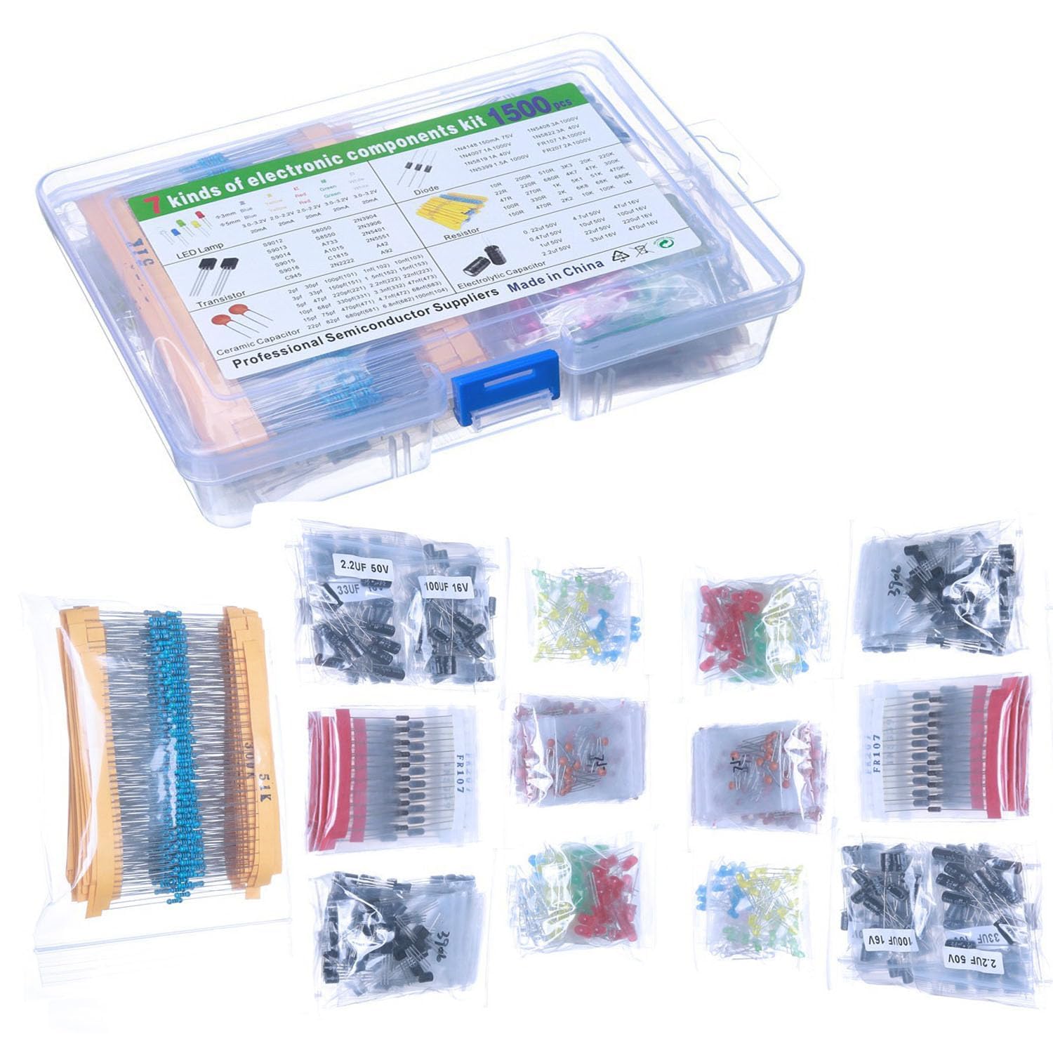 1500PCS Electronic Kit: Rectangular Ceramic & Aluminium Capacitor Kit with Resistors & Transistors for Electrical Maintenance & DIY Projects