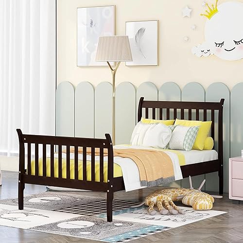 Merax Base de cama individual, cama de plataforma individual con cabecero y estribo, marco de cama individual de madera con soportes de listones