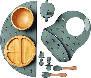 Bamboo & Silicone Baby Feeding Set 8 PCS | Baby Led Weaning Supplies Self Feeding | Divided Suction Plate Bowl Bib Sippy Cup with Straw Utensils Baby Bowls and Spoons Toddler Feeding Set (Pine Gray)
