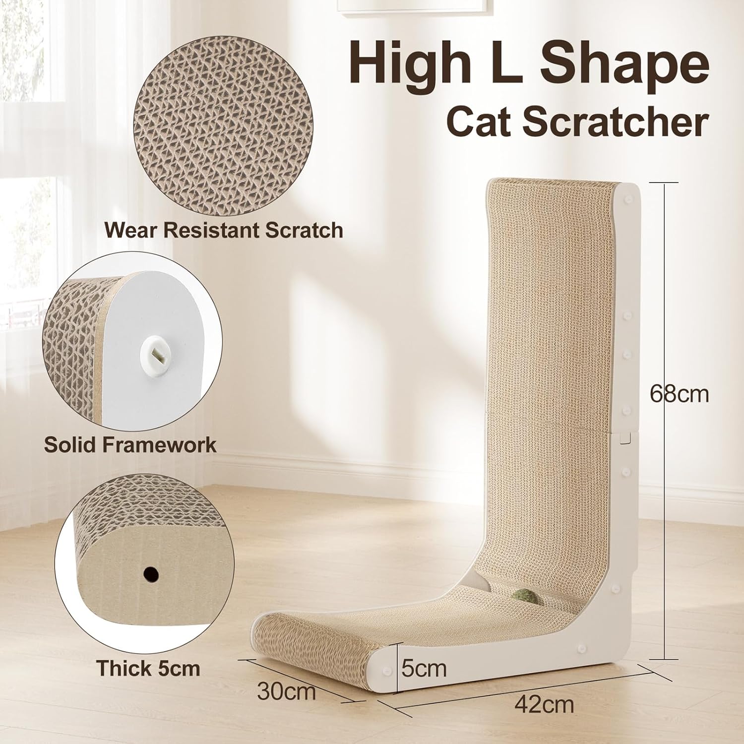 review Gimars Vertical Cat Scratcher, L-Shape 26.8'' Cat Scratching Cardboard with Plush & Catnip Balls, Large Size Cat Scratch Pad Wall Mounted, Cat Toys for Protecting Furniture