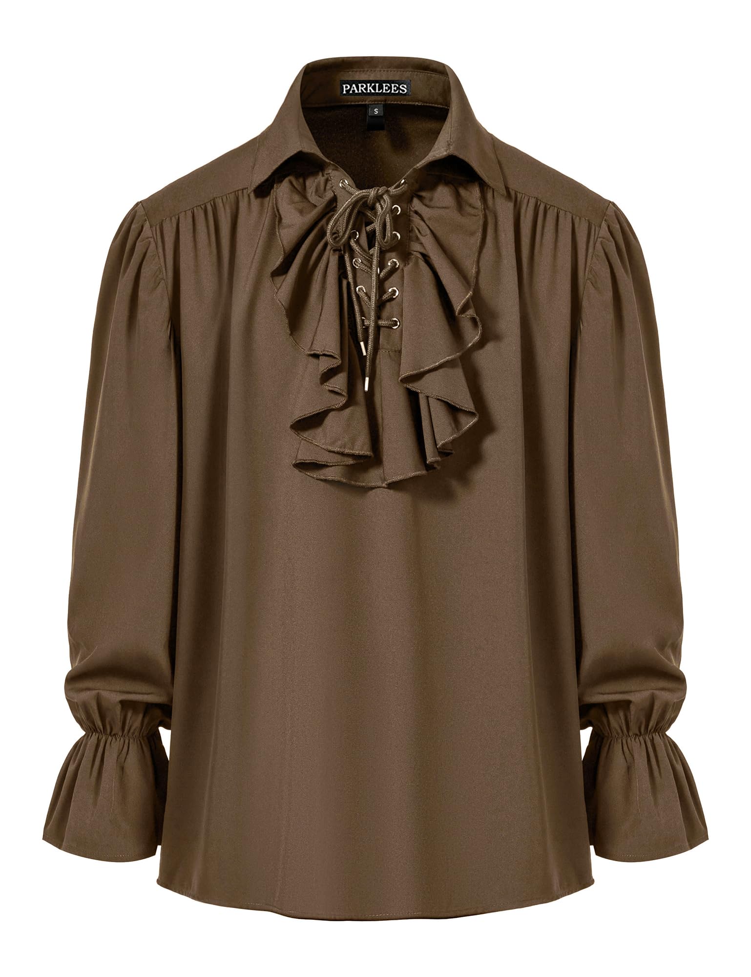 PARKLEES Men's Renaissance Pirate Ruffled Frilly Shirts Jabot Collar Victorian Medieval Costume Brown Small — image 1