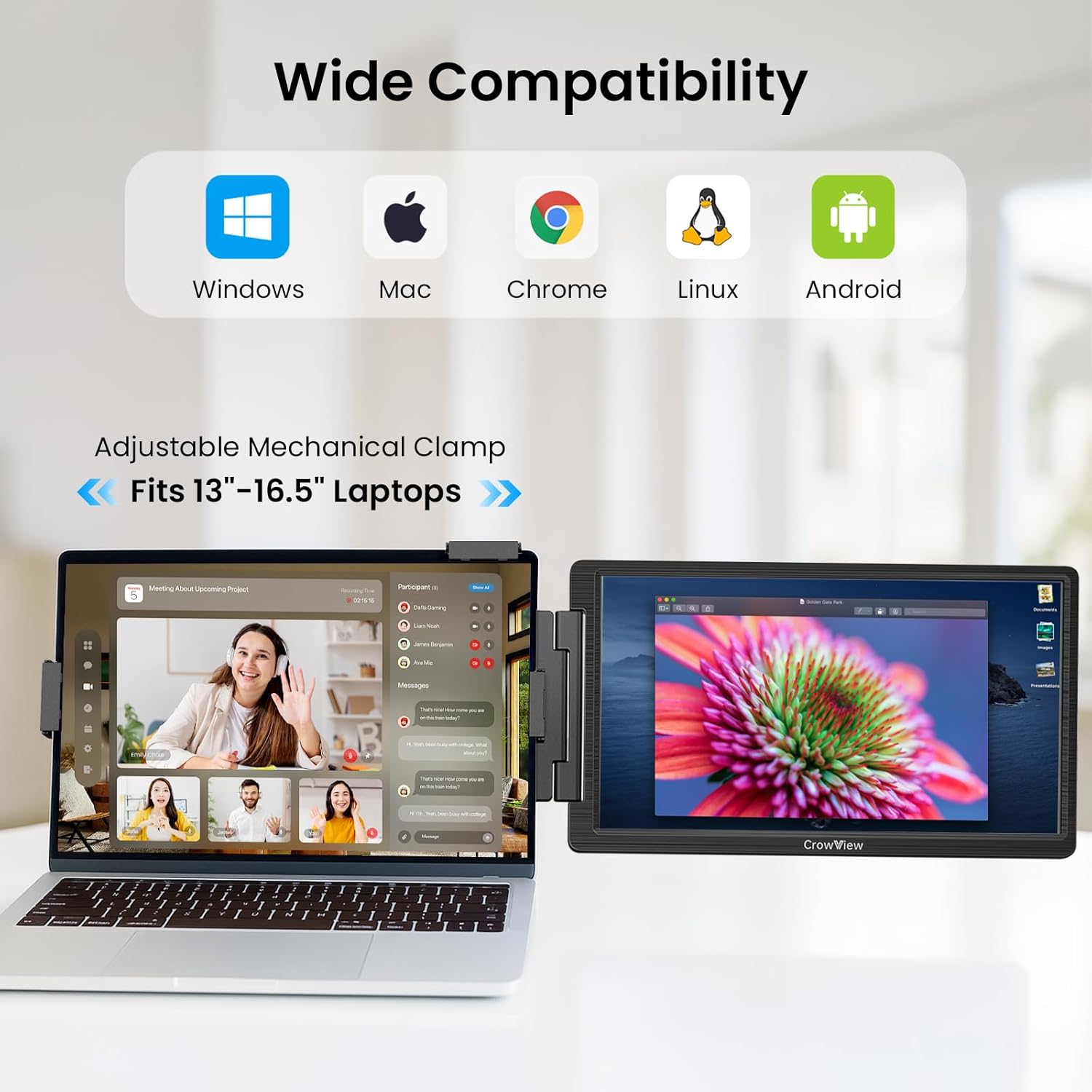 Diagram showing a laptop connected to the CrowView monitor via HDMI and USB-A cables.