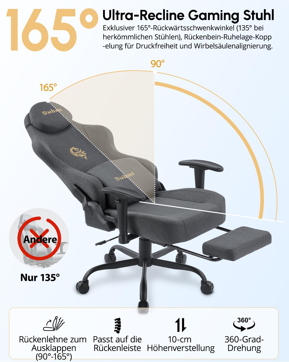 Gaming Sessel, Ergonomischer Stoff PC Gaming Stuhl, Gamer Stuhl mit Fußstütze, Gaming Chair mit Kopfstütze & Lendenstütze, Computerstuhl für Erwachsene, Teenager (Dunkelgrau)