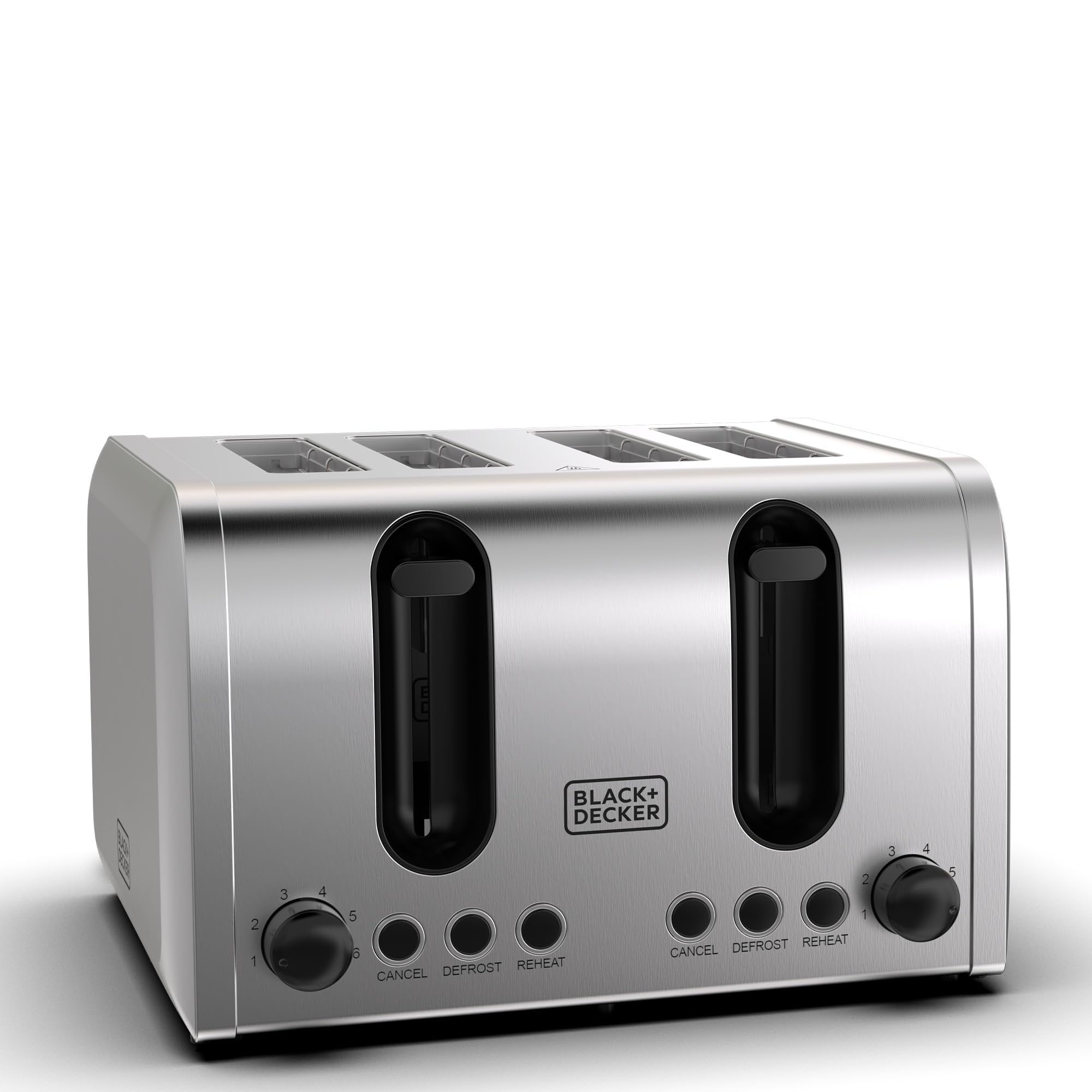 BLACK+DECKER 4-Slice Toaster, 2100W Double-Sided Heating, 6 Browning Levels, Defrost, Reheat, Cancel Functions, Extra-Wide Slots, Dual Browning Control, Removable Crumb Tray, Silver - ET444-B5