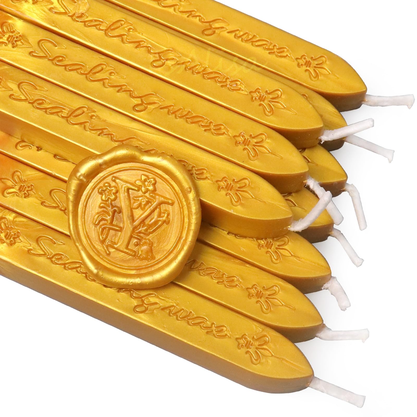 fsalisa Gold Wax Seal Sticks with Wick, 10Pcs for Decorative Wedding Invitations Cards, Envelopes, Gift Packages