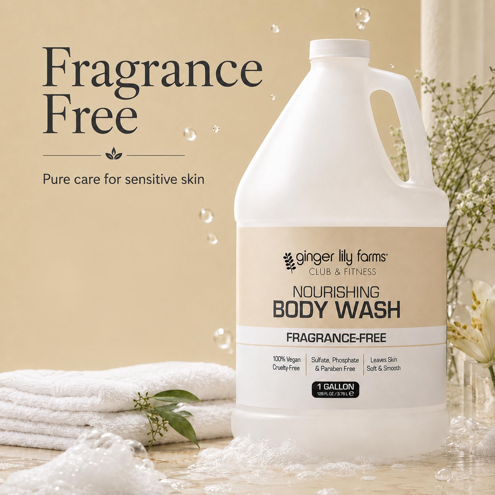 Ginger Lily Farms Club & Fitness Gel douche nourrissant, 100% végétalien et sans cruauté envers les animaux, gel de bain et douche pour homme et femme, sans parfum, recharge de 3,8 l