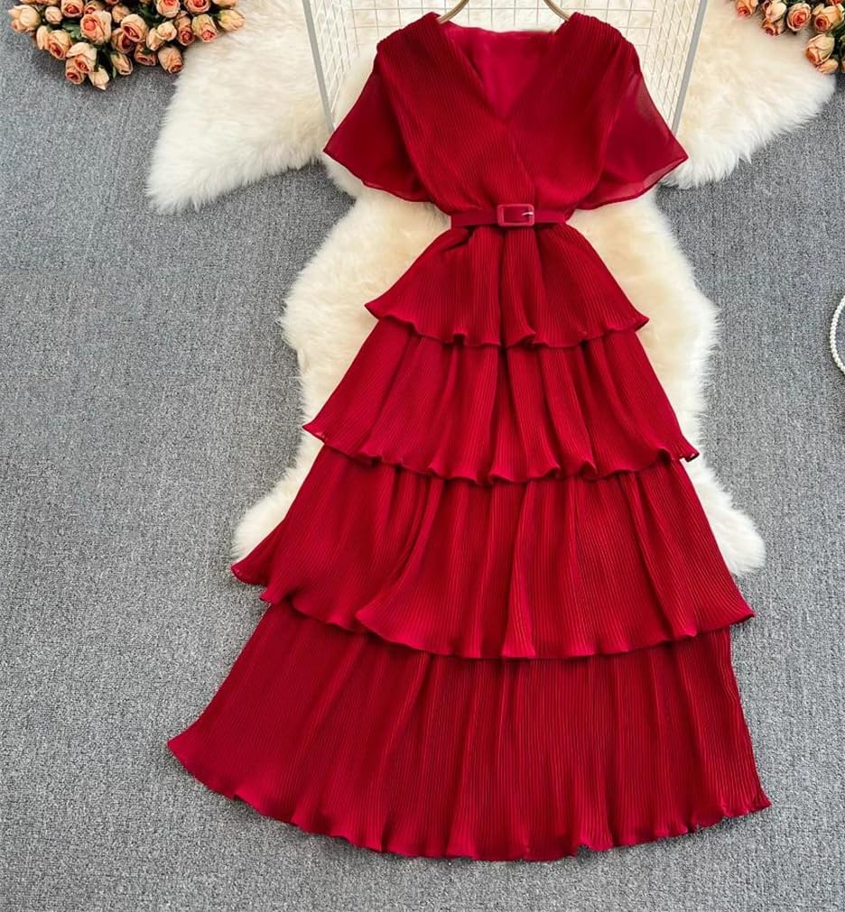 Vestido largo de verano para mujer, cuello en V, manga corta, volantes en cascada, elegante, vestido de fiesta de cumpleaños para boda