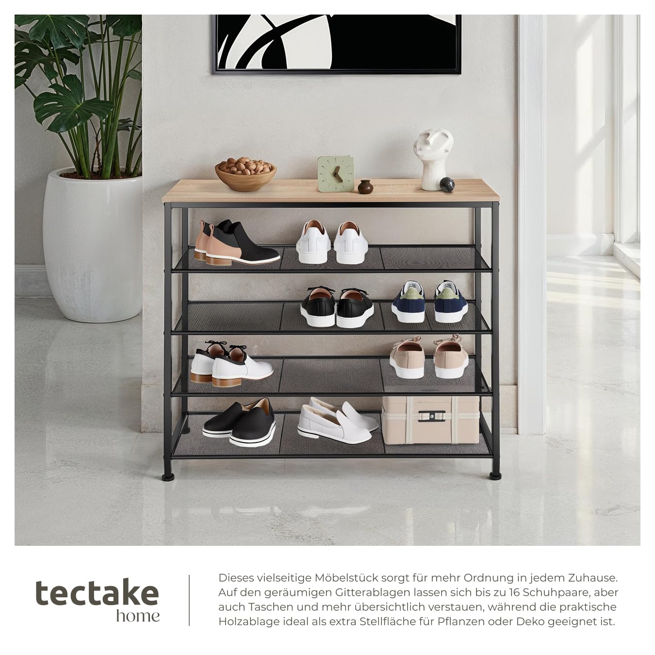 tectake® Schuhregal schmal mit Ablagefläche, Schuhbank 5 Ebenen, 4 Gitterablagen, Schuhregal platzsparend 100 x 30,5 x 93 cm, Flur Regal, Schuhschrank, Garderobe (Industrial Holz hell, Eiche Sonoma)