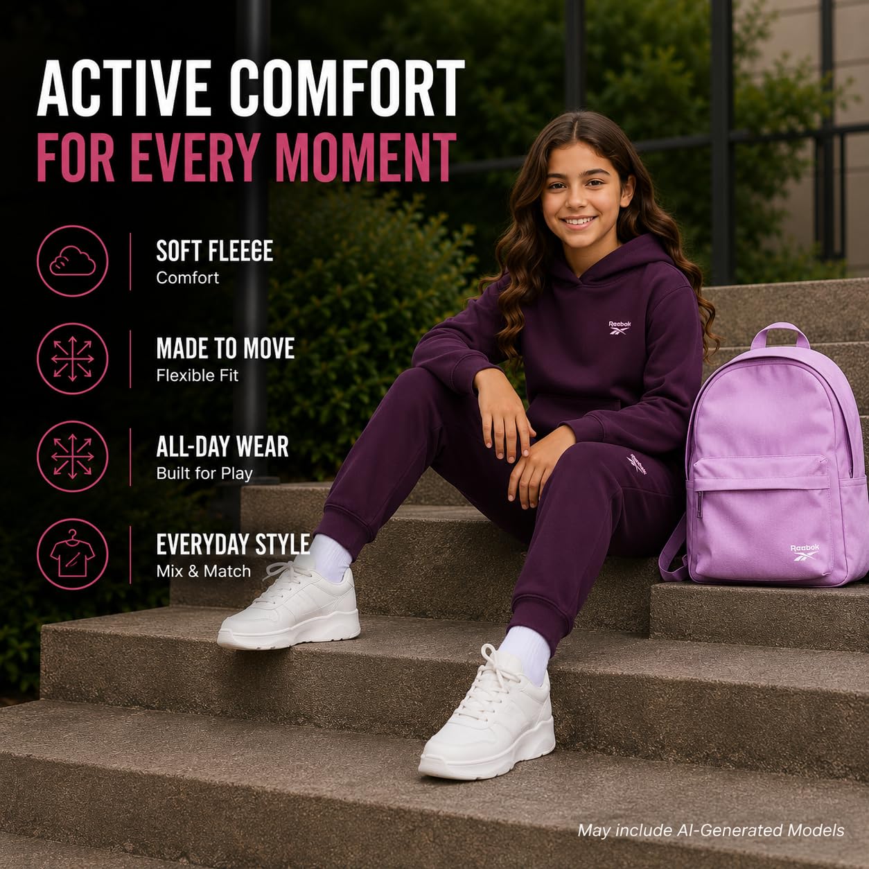 Reebok da Set 2 pezzi felpa con cappuccio tuta e pantaloni della per ragazze