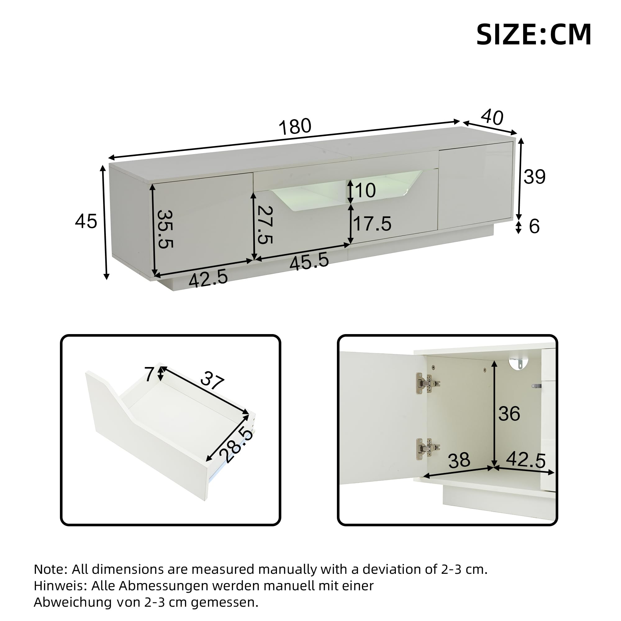 Mobile TV da 180 x 40 x 45 cm, con 2 cassetti e 2 armadi, mobile TV lucido con luci a LED, TV da 75 pollici, bianco