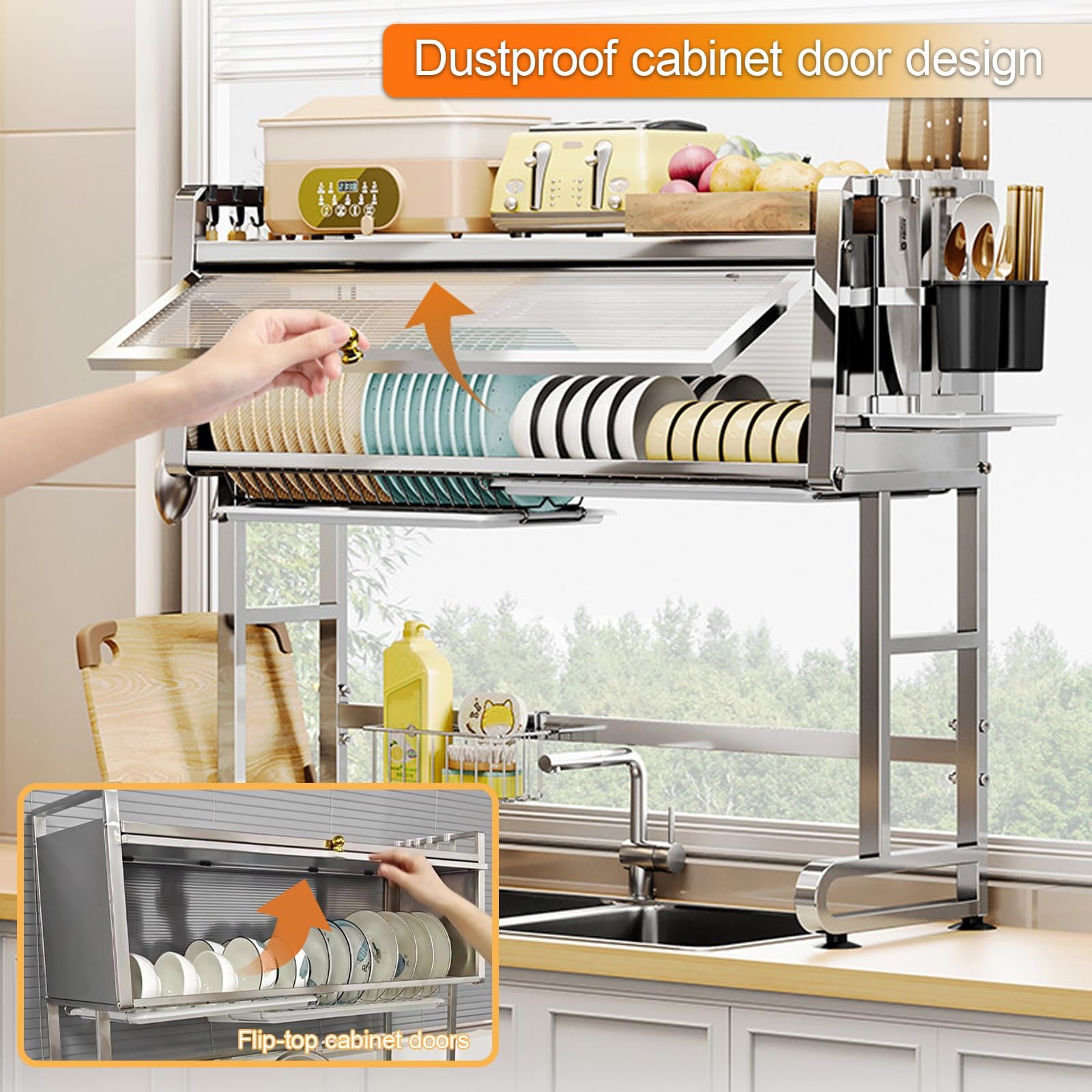 Escurreplatos de acero inoxidable para fregadero, soporte multifuncional para utensilios de cocina y estante de secado que ahorra espacio para encimeras (30.3 x 27.2 pulgadas), duradero y resistente