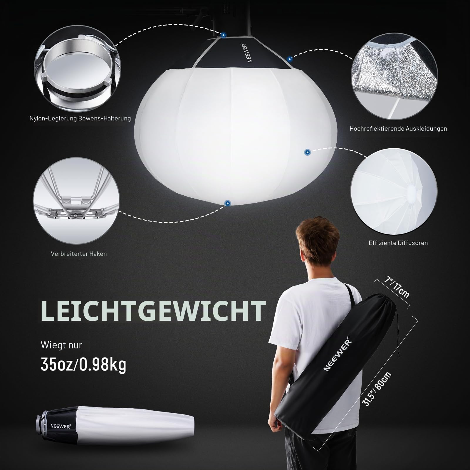 NEEWER 65cm Laternen Softbox, Schnellentriegelung, 360° Lichtdiffusor, Bowens Halterung, Softbox mit Leichter Nylonlegierung, für RGB CB60 CB60B CB200B MS60B MS60C MS150B, kontinuierliche LED, NS26L