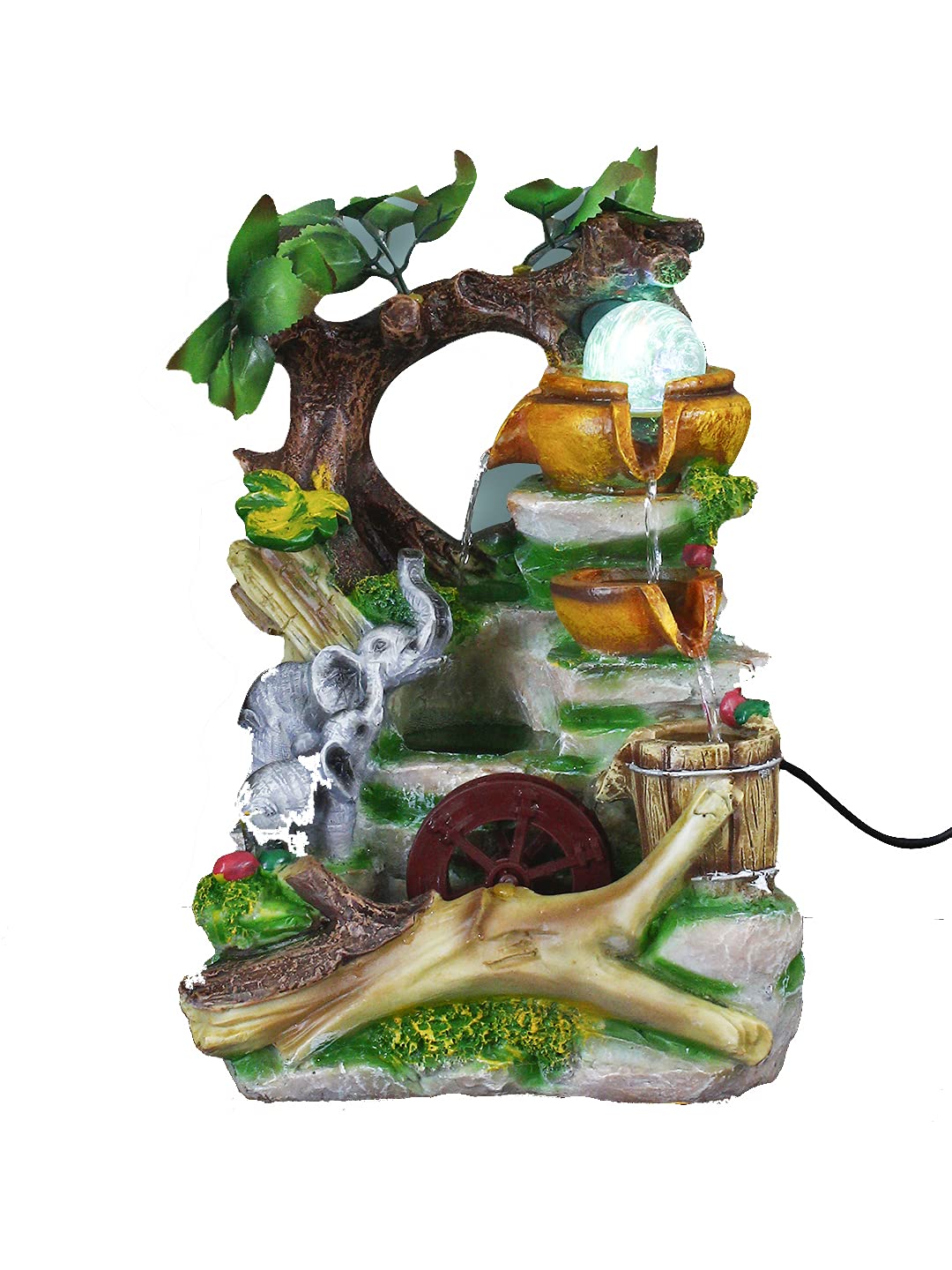 Polyresin Adorable Table Top Indoor Jungle Theme 2 Steps Waterfall Fountain for Home Decor with LED, Speed Controller Pump & Rotating Ball (Size: 32 x 24 x 19CM | Colour: Multi)