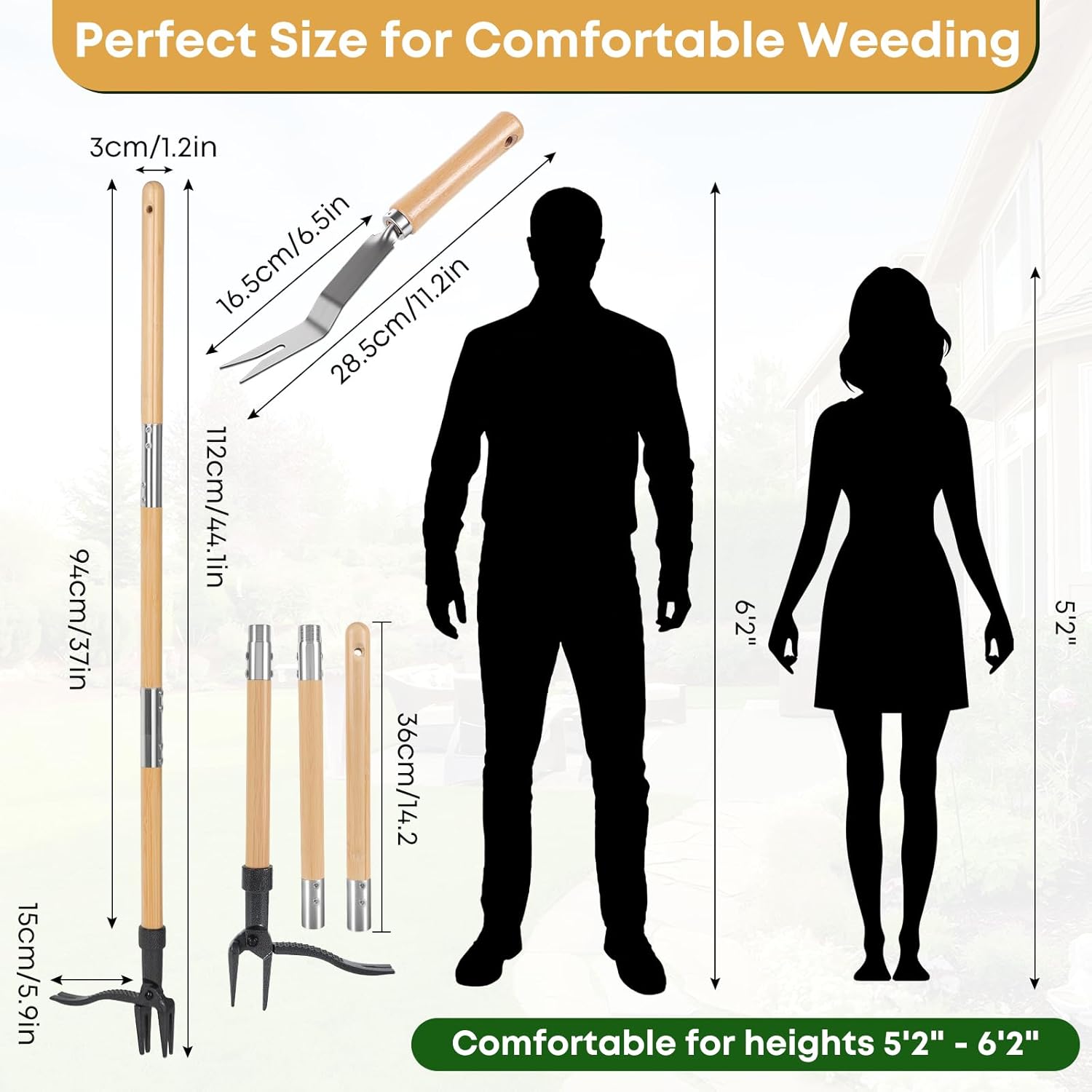 Donepart Stand Up Weed Puller Tool, Long Handle Weeder & Hand Weeder Fork Set - 46" No-Bend Deep Root Remover for Lawn, Garden & Yard, Seniors & Bad Back Friendly, Fits 5'2"-6'2", Bamboo Handle