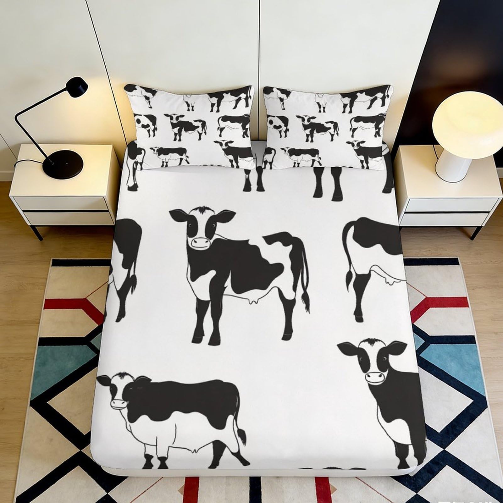 Uynsixtme Style-4 3D Printed Cow Pattern Microfiber Non-Slip Deep Pocket Fitted Sheet Bedroom Bedding Cow Mattress Fitted Cover Full Wrap Washable For Adults Teens 200X200x25cm