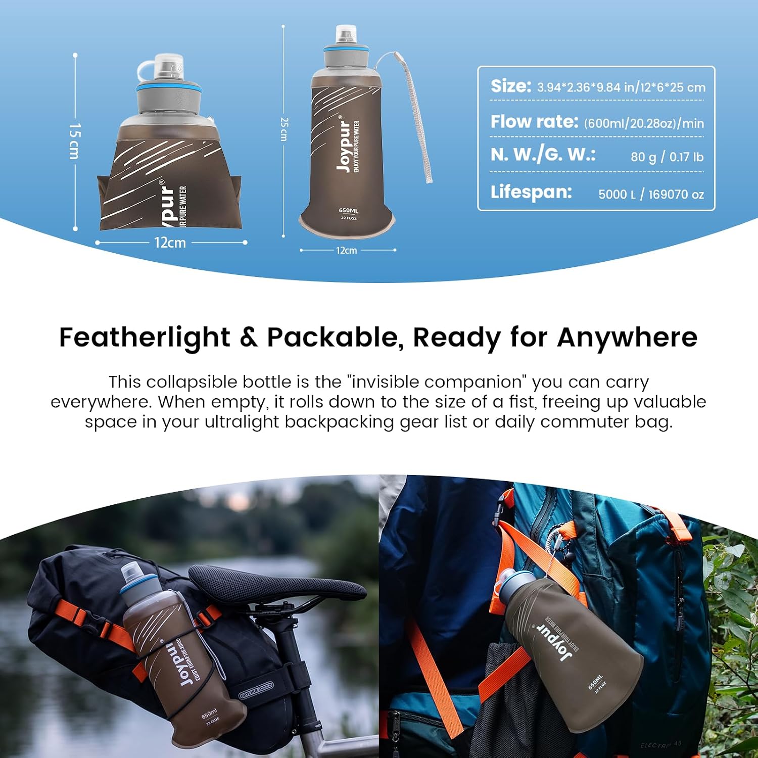 Water Filter Survival - Collapsible Water Bottle with Filter 0.01 Micron Squeeze Filtered Water Bottle 22oz for Hiking Backpacking Camping BPA-Free(Grey 650ml)