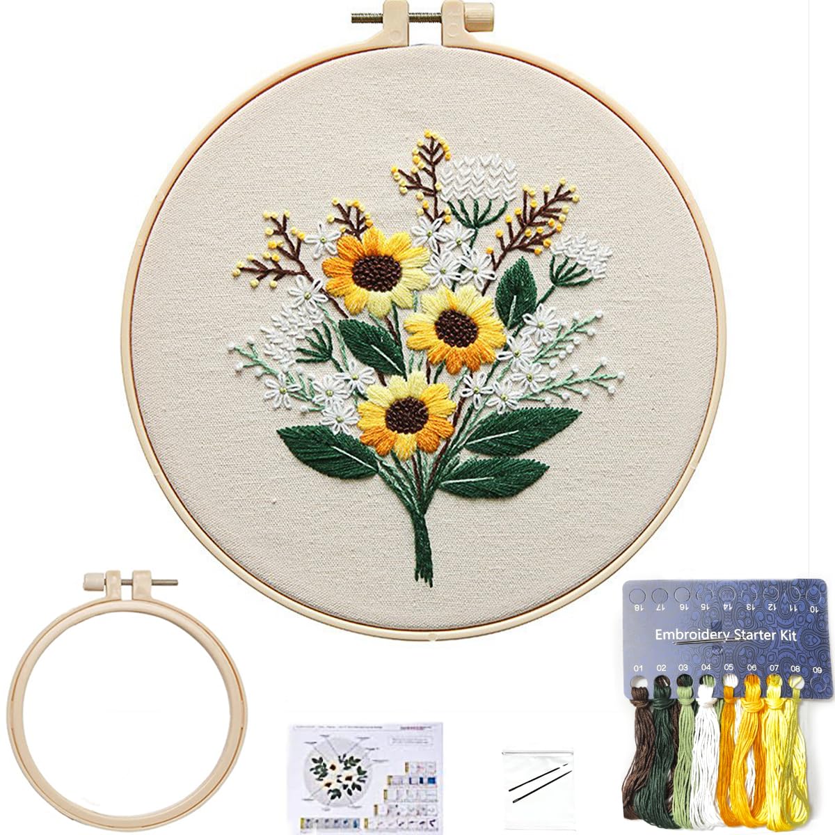 FONNUY Embroidery Kit for Beginners，Plants Flowers Pre-Stamped Pattern Kits for Adults with Hoop, Easy to Follow Needlework (Sunflower)
