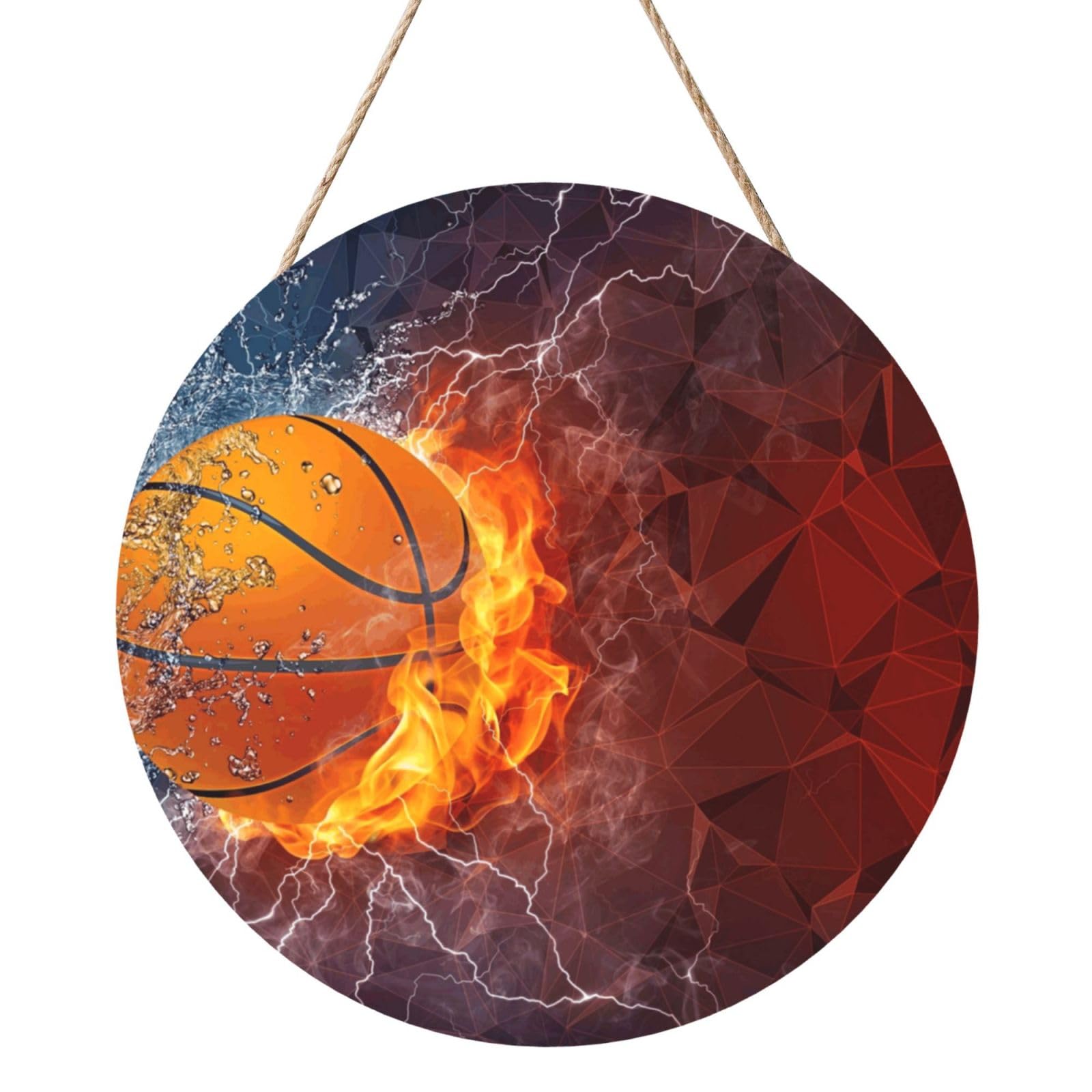 InOmak Basketball Flames And Waterdrops, Round Wood Panel Painting 12 in, Wall Hanging Painting For Home
