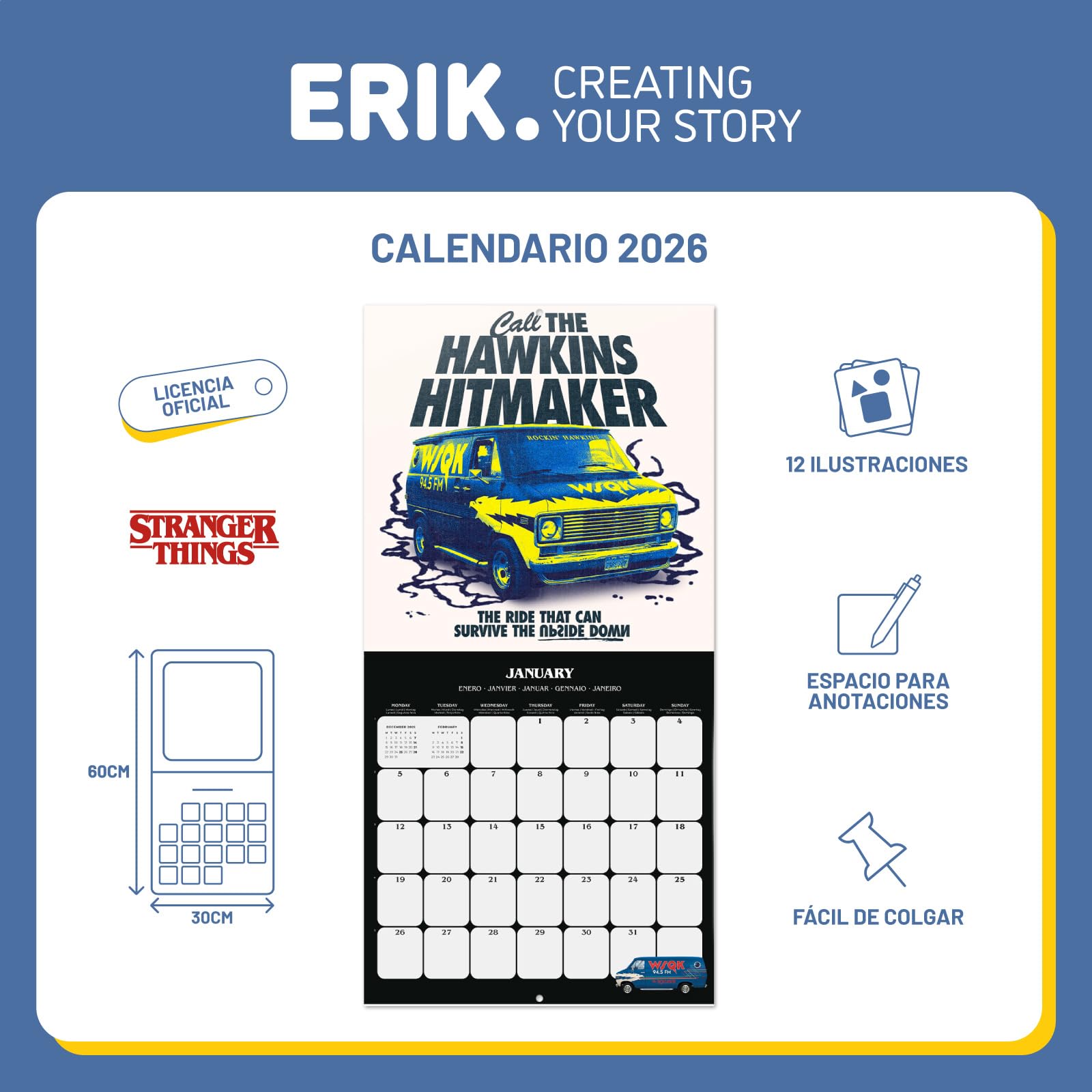 Grupo Erik Calendario Stranger Things 2026 pared - Almanaque pared 2026 : Planificador mensual Con espacio para Anotar, Ilustraciones y Fácil de colgar (30x30cm) - Stranger Things Merchandising