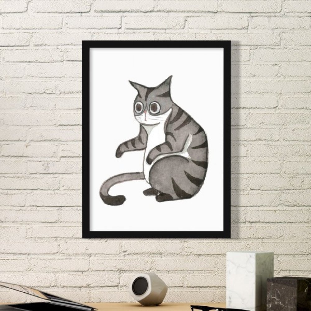Peinture Dragon-Li Aquarelle de Chat avec Cadre en Bois Noir Medium DIYthinker