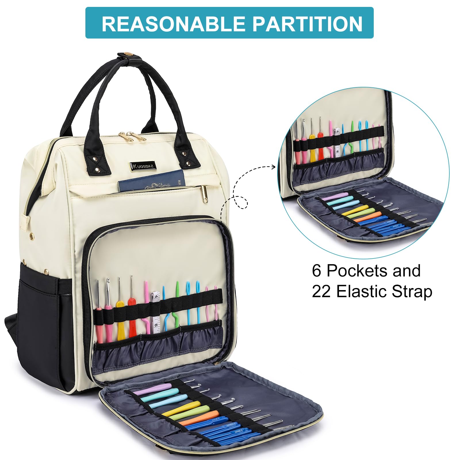 Kuosdaz Crochet Bag Backpack, Large Yarn Storage Crochet Organizer, Christmas Gifts Travel Crochet Backpack for Women, Knitting & Crochet Accessories for Crochet Hooks, Black & White