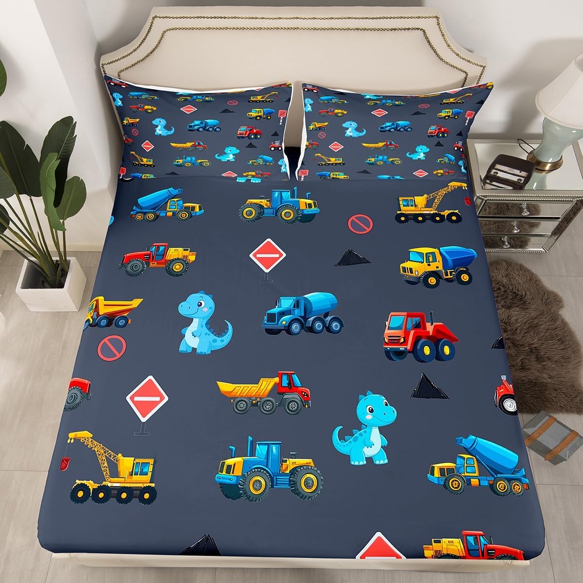 Kids Car Bed Sheet Set for Boys,Toddler Bedding Cartoon Truck Fitted Sheet Set Full 4 pcs,Watercolor Construction Vehicles Bed Sheet Set with Deep Pocket Fitted Sheet + Flat Sheet + 2 Pillowcases