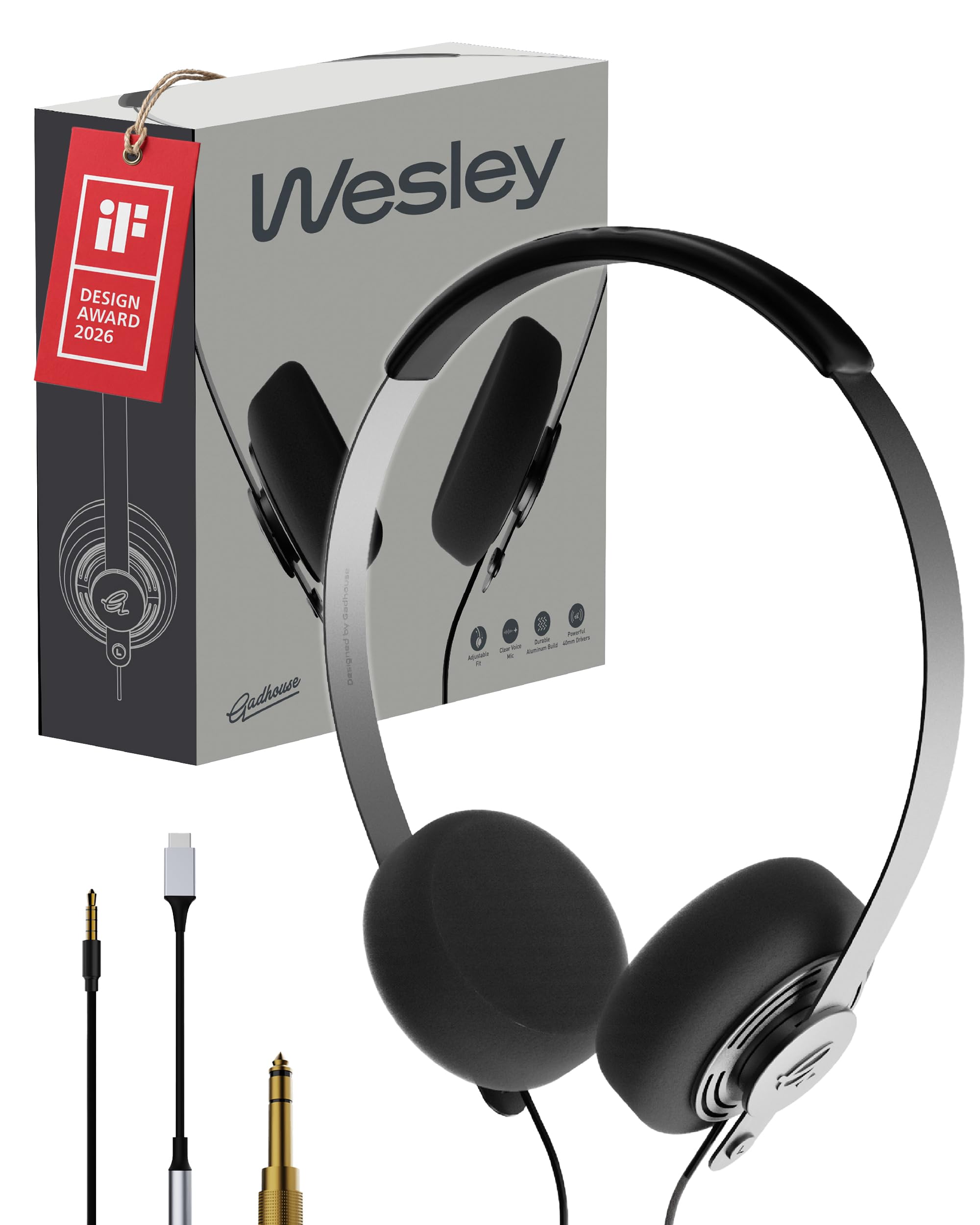 Gadhouse Wesley Casque rétro Filaire avec USB-C et connectivité 3,5 mm – Casque Vintage, Style Walkman Filaire avec Pilotes de 40 mm, Commandes de Micro intégrées et Design léger de 105 g pour la
