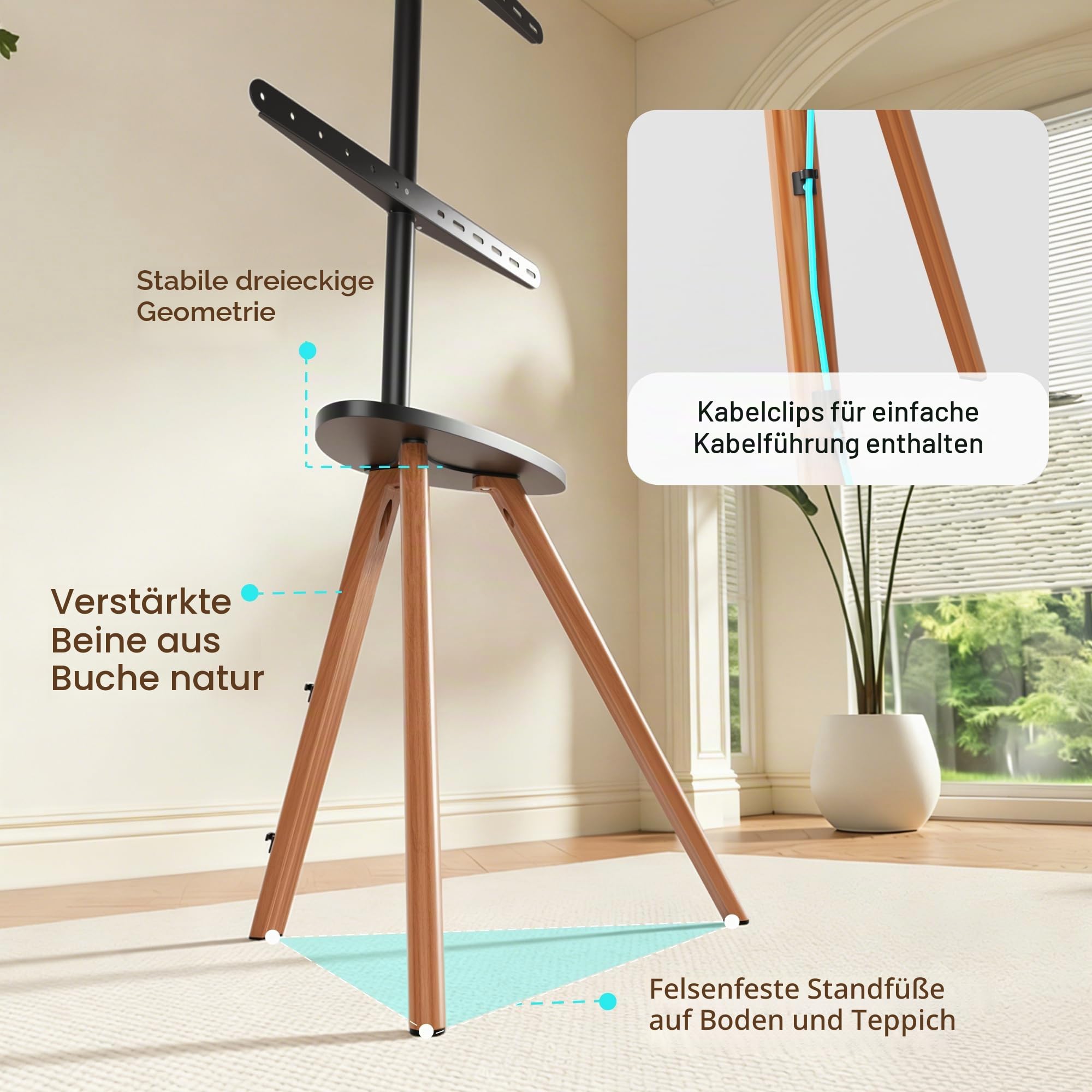 PEGZONE TV Ständer für 45 bis 65 Zoll LCD LED OLED Bildschirm bis zu 40 kg | Tragbarer TV Staffelei Holz mit Holztablett, Tripod TV Standfuss höhenverstellbar schwenkbar, Max VESA 600x400mm,für Haus