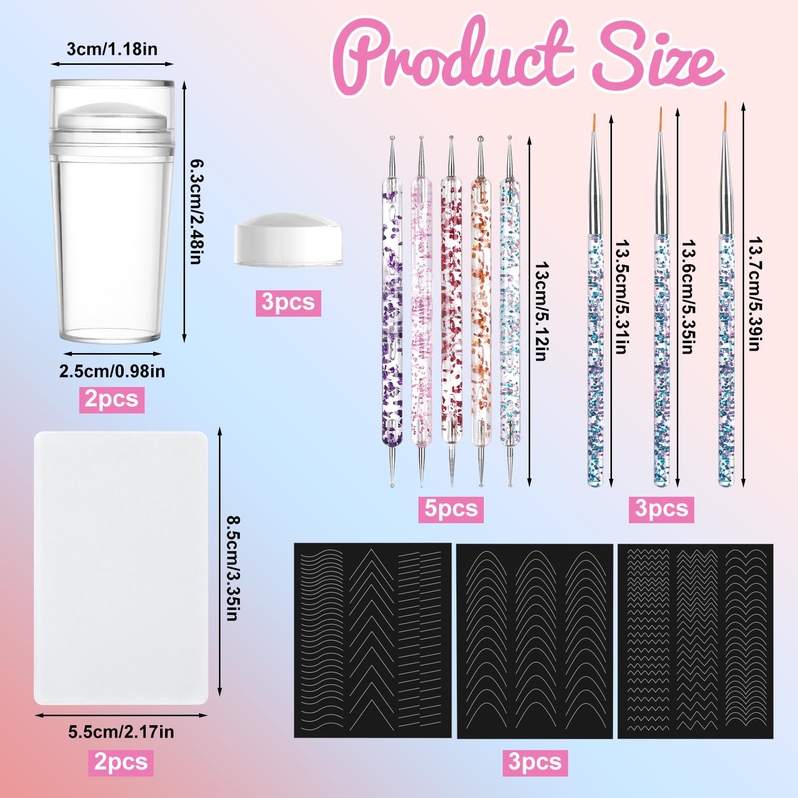 18 Pezzi Nail Art Stamper, Timbri per Unghie con 5 Penne per Dotting 3 Pennelli per Unghie 3 Adesivi Guida, Nail Art, French Unghie per Manicure Fai Da Te