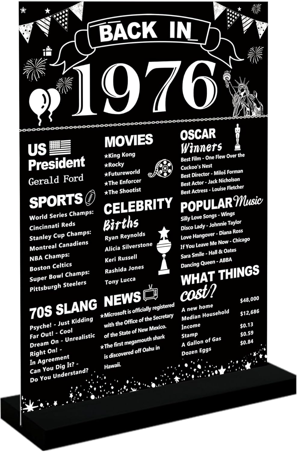 DARUNAXY 50th Birthday Party Decorations, Black Back in 1976 Poster Acrylic Sign with Stand 50 Year Old Party Supplies for Men& Women Vintage 1976 Table Decor 50th Anniversary Class Reunion Gifts