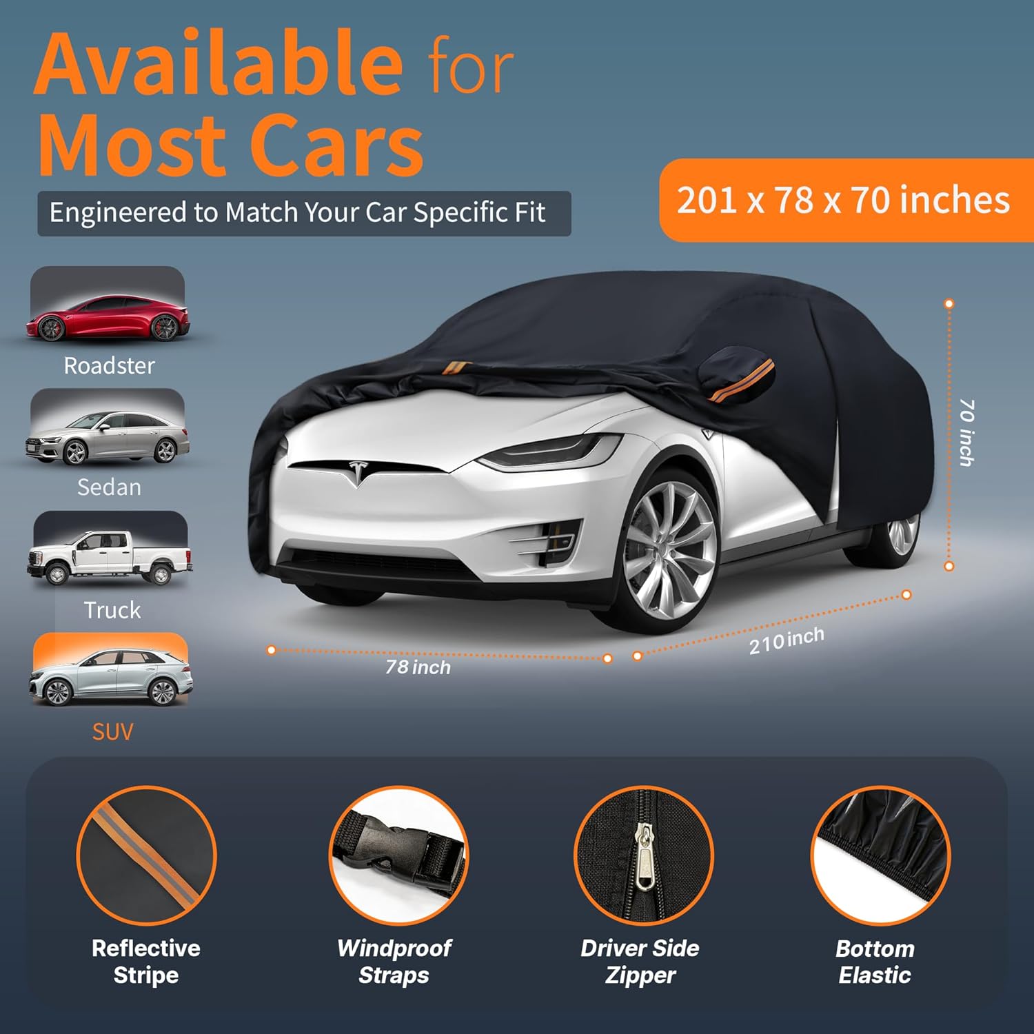 Waterproof Car Cover All-Weather, Heavy-Duty Outdoor Full Exterior Automobiles Snow Cover for SUV 191-201 inch with Sun Visor,Zippered & Storage Bag - Black