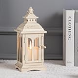 Lanterns Decorative Indoor & Outdoor, Medium Hanging Home Decor, Vintage Metal Decorative Candle Lanterns for Outdoor Patio Wedding Party Beige with Copper Brush