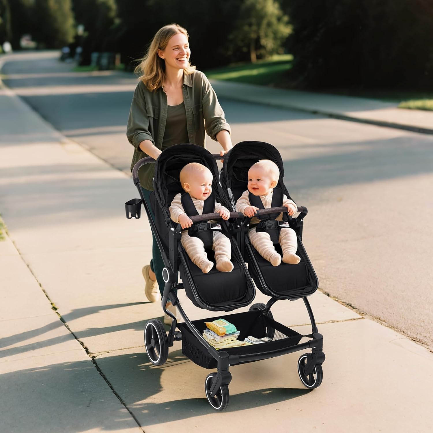 GarveeHome Geschwisterwagen Duo Side by Side Für Zwillinge, Leichter, Kompakt Faltbarer Zwillingskinderwagen Mit Hohem Babywagen Gestell, Verstellbarem Sonnendach & Liegeposition Für Kleinkind