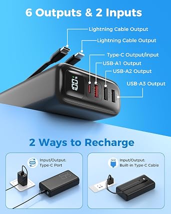 Portable Charger 40000mAh Power Bank - PD 22.5W Fast Charging Battery Pack, Built-in Cable Phone Charger 4 Output 3 Input, Compatible with iPhone 16 15 14 13 Android Samsung(Pink)