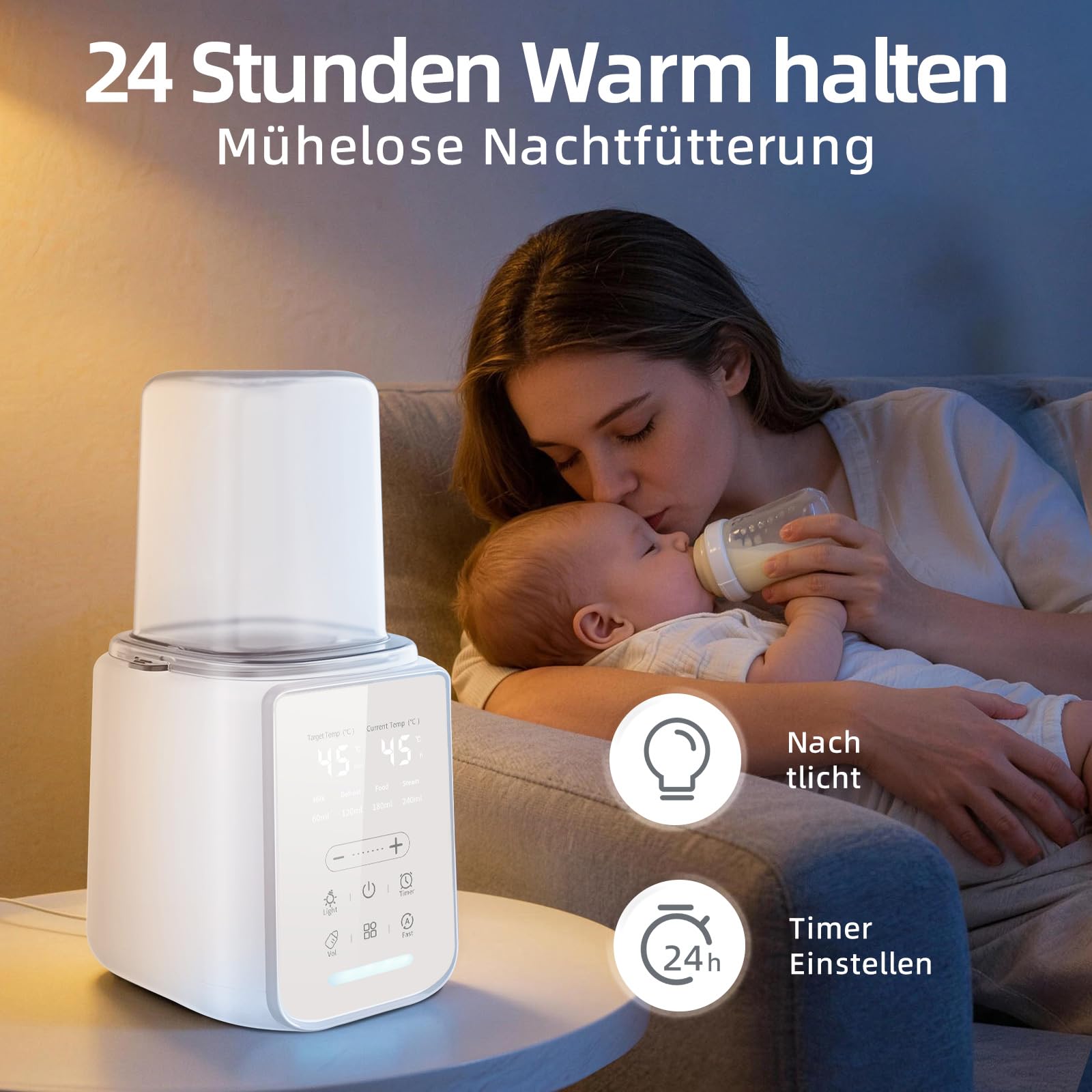 Calentador de leche materna 8 en 1 con luz nocturna, calentamiento rápido y esterilizador, adecuado para todos los biberones con leche materna o fórmula infantil