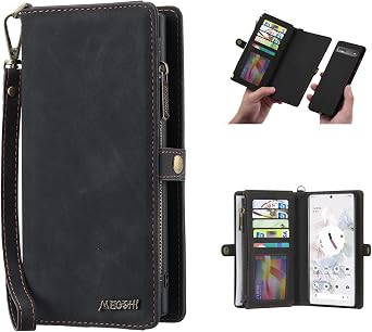 JGY Wallet Case for Google Pixel 8 Plus PU Leather Zipper Pocket Detachable Magnetic Case with Stand 8 Card Holder Hand Strap Google Pixel 8 Plus Flip Wallet for Women Men Black